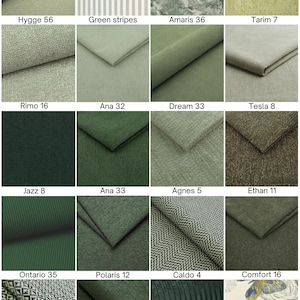 May include: A grid of twenty fabric swatches in various shades of green, featuring solid, striped, textured, herringbone, geometric, and butterfly patterns. Each swatch is labeled with a name and number, including Hygge 56, Green stripes, Amaris 36, Tarim 7, Rimo 16, Ana 32, Dream 33, Tesla 8, Jazz 8, Ana 33, Agnes 5, Ethan 11, Ontario 35, Polaris 12, Caldo 4, Comfort 16, Calmo 4, Forest, Poso 14, and Butterfly 5.