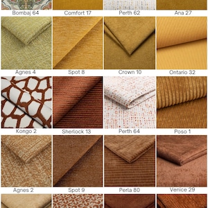 Peut inclure: Une grille de vingt &eacute;chantillons de tissu dans diverses nuances de jaune, orange et marron, pr&eacute;sentant des motifs unis, textur&eacute;s, ray&eacute;s et imprim&eacute;s. Chaque &eacute;chantillon est &eacute;tiquet&eacute; avec un nom et un num&eacute;ro, notamment Bombaj 64, Comfort 17, Perth 62, Ana 27, Agnes 4, Spot 8, Crown 10, Ontario 32, Kongo 2, Sherlock 13, Perth 64, Poso 1, Agnes 2, Spot 9, Perla 80, Venice 29, Tarim 14, Mosaic 2, Sicuro 30 et Kansas 19.