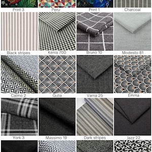May include: A grid of twenty fabric swatches featuring various patterns and textures, including floral prints, geometric shapes, houndstooth, stripes, and solid colors in shades of black, gray, white, and multi-colored designs.