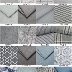 May include: A grid of twenty fabric swatches in various shades of gray and blue, featuring solid, striped, plaid, geometric, floral, and damask patterns. Each swatch is labeled with a specific name and number, including Crown, Perth, Bruno, Venice, Tarim, Aura, Cord, Uno, Maestro, Poso, York, Print, Jazz, Bombaj, Astoria, Tracy, and Flora.