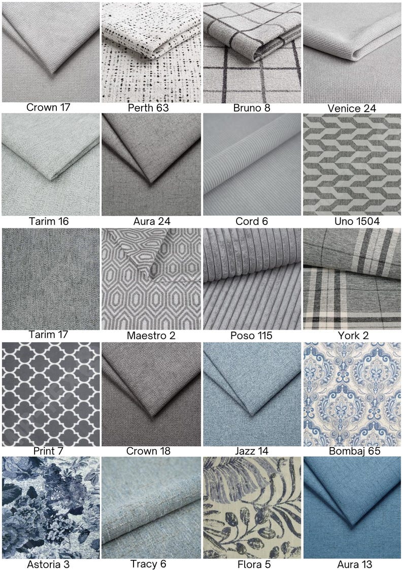 May include: A grid of twenty fabric swatches in various shades of gray and blue, featuring solid, striped, plaid, geometric, floral, and damask patterns. Each swatch is labeled with a specific name and number, including Crown, Perth, Bruno, Venice, Tarim, Aura, Cord, Uno, Maestro, Poso, York, Print, Jazz, Bombaj, Astoria, Tracy, and Flora.