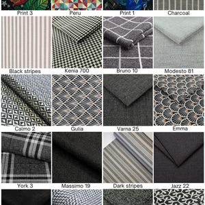 Peut inclure: Une collection de vingt &eacute;chantillons de tissu pr&eacute;sentant divers motifs et textures, incluant des imprim&eacute;s floraux, des formes g&eacute;om&eacute;triques, des rayures, du pied-de-poule et des couleurs unies dans des tons de noir, gris, blanc et multicolore.