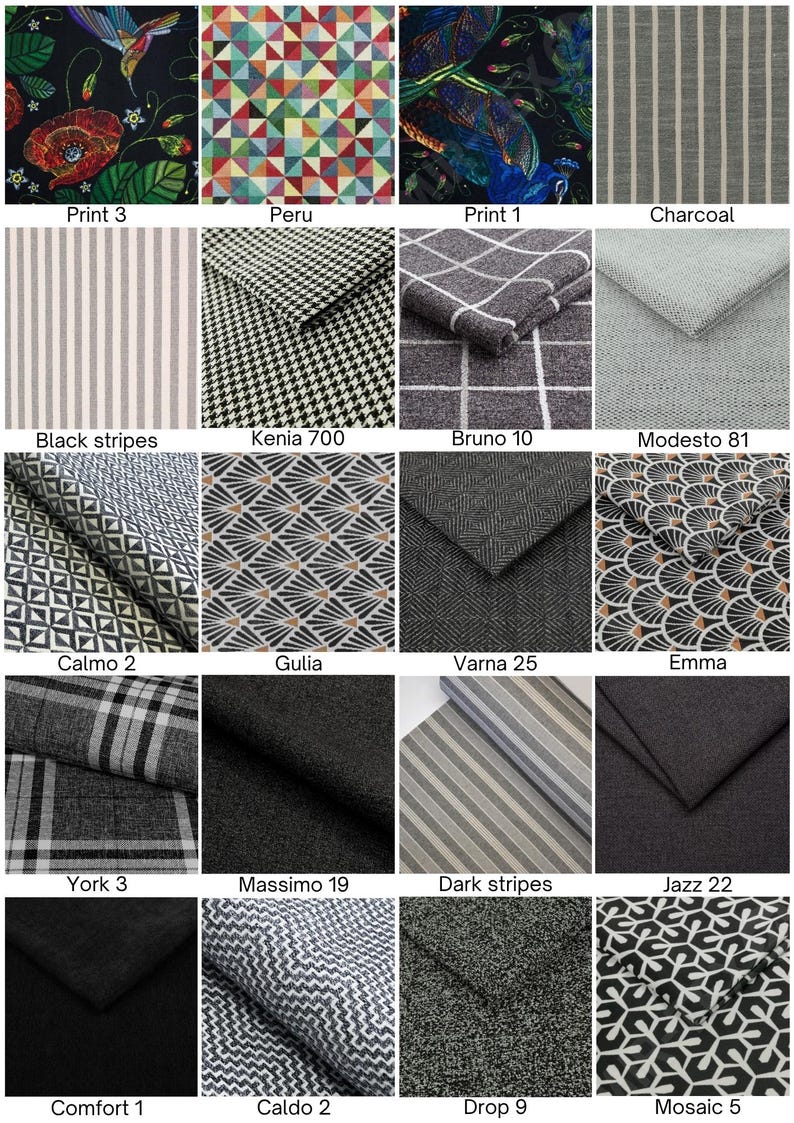 Peut inclure: Une collection de vingt &eacute;chantillons de tissu pr&eacute;sentant divers motifs et textures, incluant des imprim&eacute;s floraux, des formes g&eacute;om&eacute;triques, des rayures, du pied-de-poule et des couleurs unies dans des tons de noir, gris, blanc et multicolore.