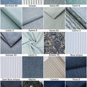 May include: A grid of twenty fabric swatches in various shades of blue, gray, and white. Patterns include stripes, houndstooth, herringbone, geometric shapes, solid textures, corduroy, and a botanical print featuring white herons on a dark background.