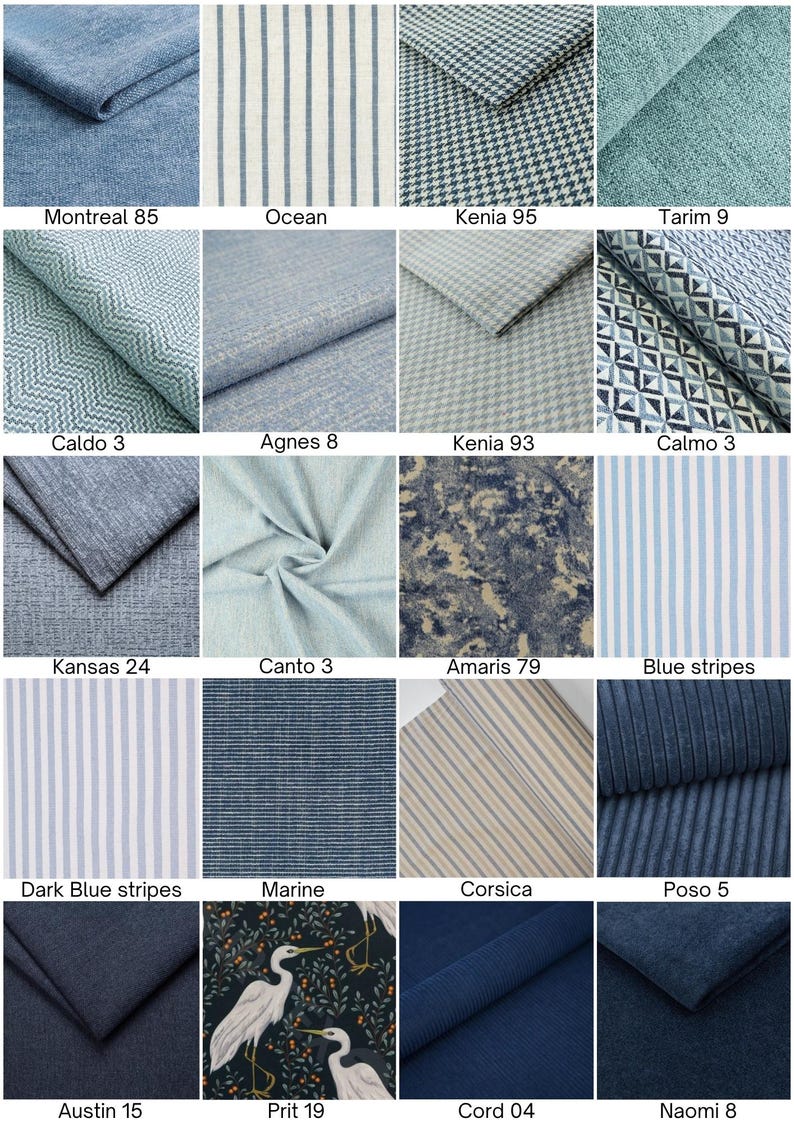 May include: A grid of twenty fabric swatches in various shades of blue, gray, and white. Patterns include stripes, houndstooth, herringbone, geometric shapes, solid textures, corduroy, and a botanical print featuring white herons on a dark background.