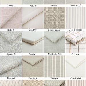 May include: A grid of twenty fabric swatches in neutral tones including cream, beige, and light gray. Patterns include solid, striped, checkered, and geometric diamond weaves. Each swatch is labeled with names like Crown 1, Jazz 1, Aura 1, Venice 25, Kate 3, Cord 13, Dublin Sand, Beige stripes, Agnes 6, Tesla 1, Modesto 92, Bruno 4, Tracy 4, Austin 2, Toffee, Comfort 6, Poso 105, Dublin Beige, Kenia 97, and Brown stripes.