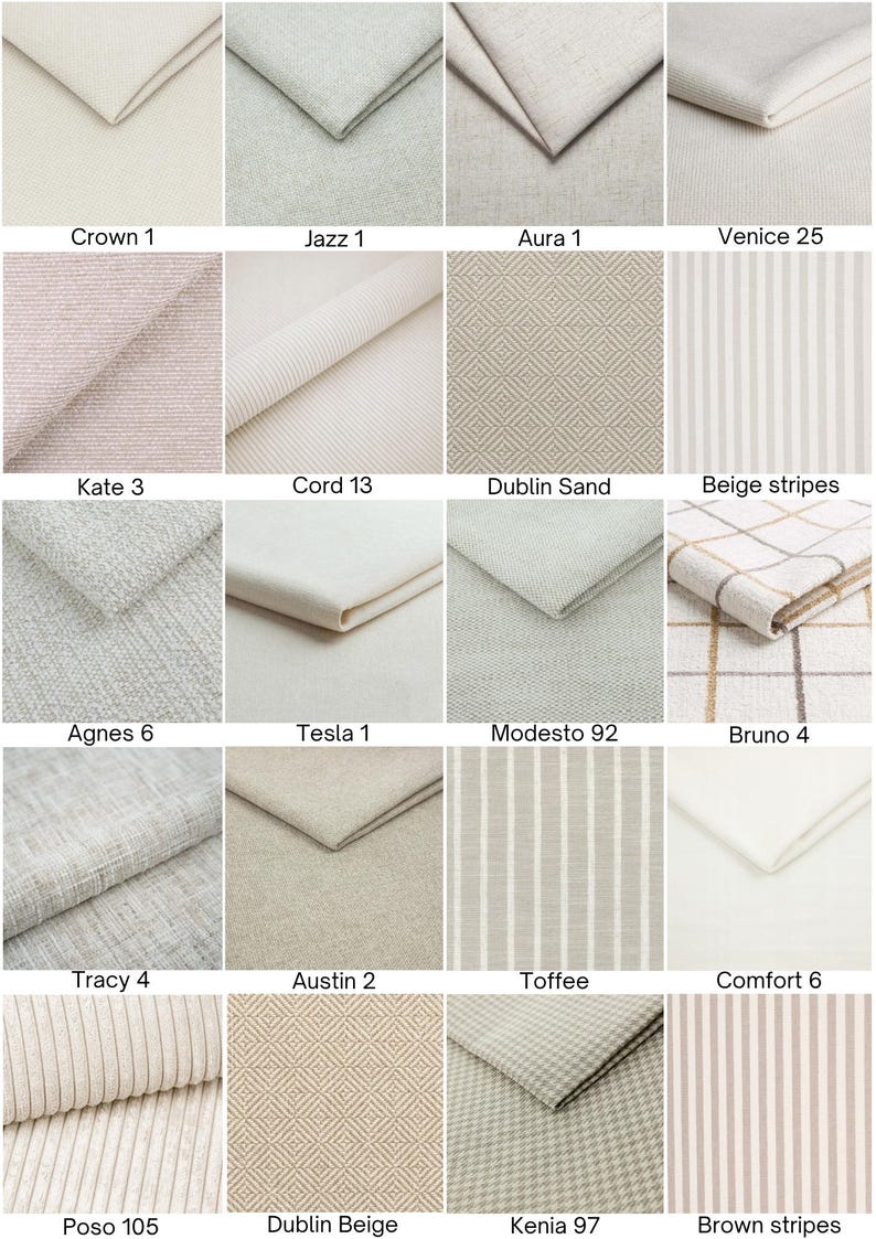 May include: A grid of twenty fabric swatches in neutral tones including cream, beige, and light gray. Patterns include solid, striped, checkered, and geometric diamond weaves. Each swatch is labeled with names like Crown 1, Jazz 1, Aura 1, Venice 25, Kate 3, Cord 13, Dublin Sand, Beige stripes, Agnes 6, Tesla 1, Modesto 92, Bruno 4, Tracy 4, Austin 2, Toffee, Comfort 6, Poso 105, Dublin Beige, Kenia 97, and Brown stripes.
