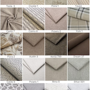 May include: A collection of sixteen fabric swatches featuring various textures and patterns including solid neutrals, geometric shapes, floral motifs, stripes, plaids, and houndstooth designs in shades of beige, gray, brown, and white.