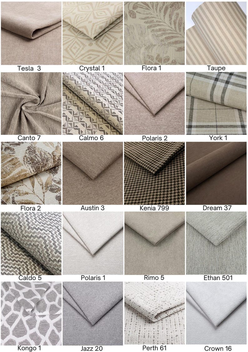May include: A collection of sixteen fabric swatches featuring various textures and patterns including solid neutrals, geometric shapes, floral motifs, stripes, plaids, and houndstooth designs in shades of beige, gray, brown, and white.