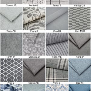 May include: A grid of twenty fabric swatches in various shades of gray and blue, featuring textures like corduroy, solid weaves, and patterns including floral, geometric, plaid, and damask designs, each labeled with its specific name and number.