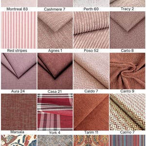 May include: A grid of twenty fabric swatches featuring various textures, patterns, and shades of pink, red, and orange. Each swatch is labeled with names like Montreal 83, Cashmere 7, Perth 60, Tracy 2, Red stripes, Agnes 1, Poso 52, Carlo 8, Aura 24, Casa 21, Caldo 7, Canto 9, Marsala, York 4, Tarim 11, Calmo 7, Ginger, Tracy 1, Bombaj 69, and Jamajka.