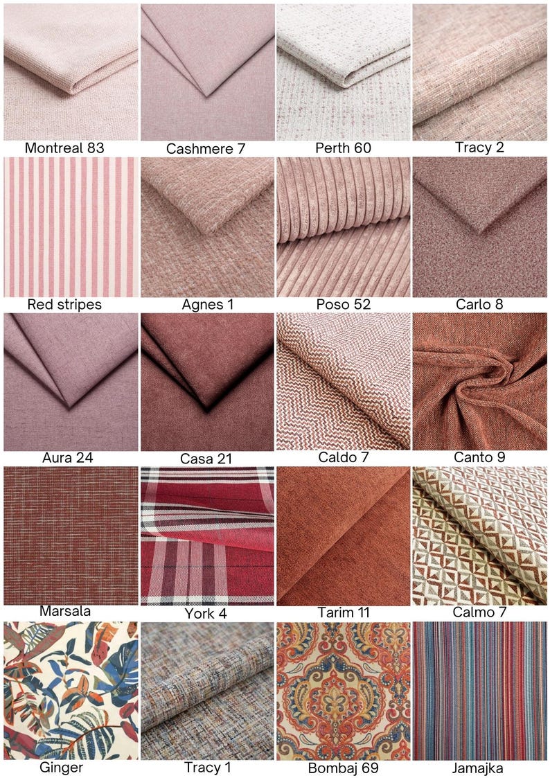 May include: A grid of twenty fabric swatches featuring various textures, patterns, and shades of pink, red, and orange. Each swatch is labeled with names like Montreal 83, Cashmere 7, Perth 60, Tracy 2, Red stripes, Agnes 1, Poso 52, Carlo 8, Aura 24, Casa 21, Caldo 7, Canto 9, Marsala, York 4, Tarim 11, Calmo 7, Ginger, Tracy 1, Bombaj 69, and Jamajka.