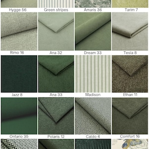 May include: A grid of twenty fabric swatches in various shades of green, featuring textures like stripes, herringbone, corduroy, and patterns. Each swatch is labeled with names such as Hygge 56, Amaris 36, Tarim 7, Rimo 16, Ana 32, Dream 33, Tesla 8, Jazz 8, Ana 33, Madison, Ethan 11, Ontario 35, Polaris 12, Caldo 4, Comfort 16, Calmo 4, Forest, Poso 14, and Butterfly 5.