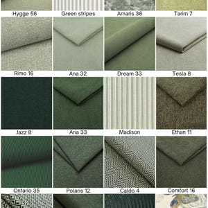 May include: A grid of twenty fabric swatches in various shades of green, featuring textures like stripes, herringbone, solid weaves, and a butterfly print. Each swatch is labeled with names such as Hygge 56, Amaris 36, Tarim 7, Rimo 16, Ana 32, Dream 33, Tesla 8, Jazz 8, Ana 33, Madison, Ethan 11, Ontario 35, Polaris 12, Caldo 4, Comfort 16, Calmo 4, Forest, Poso 14, and Butterfly 5.