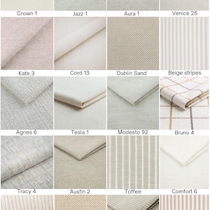 May include: A grid of twenty fabric swatches in neutral tones including cream, beige, and light gray. Patterns include solid, striped, diamond, and textured weaves. Each swatch is labeled with names like Crown 1, Jazz 1, Aura 1, and Venice 25.