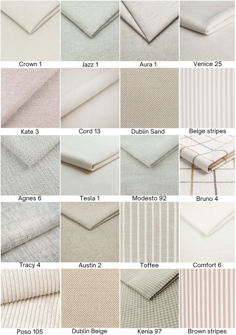 May include: A grid of twenty fabric swatches in neutral tones including cream, beige, and light gray. Patterns include solid, striped, diamond, and textured weaves. Each swatch is labeled with names like Crown 1, Jazz 1, Aura 1, and Venice 25.