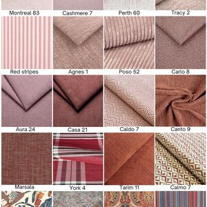Peut inclure: Une grille de vingt &eacute;chantillons de tissu pr&eacute;sentant diverses textures, motifs et nuances de rose, rouge et orange. Chaque &eacute;chantillon est &eacute;tiquet&eacute; avec des noms comme Montreal 83, Cashmere 7, Perth 60, Tracy 2, Red stripes, Agnes 1, Poso 52, Carlo 8, Aura 24, Casa 21, Caldo 7, Canto 9, Marsala, York 4, Tarim 11, Calmo 7, Ginger, Tracy 1, Bombaj 69 et Jamajka.