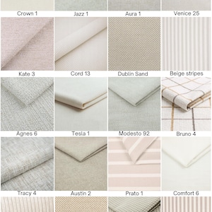 May include: A grid of sixteen fabric swatches in neutral tones including beige, cream, and light gray. Patterns include solid, striped, checkered, and geometric diamond weaves. Each swatch is labeled with names like Crown 1, Jazz 1, and Bruno 4.
