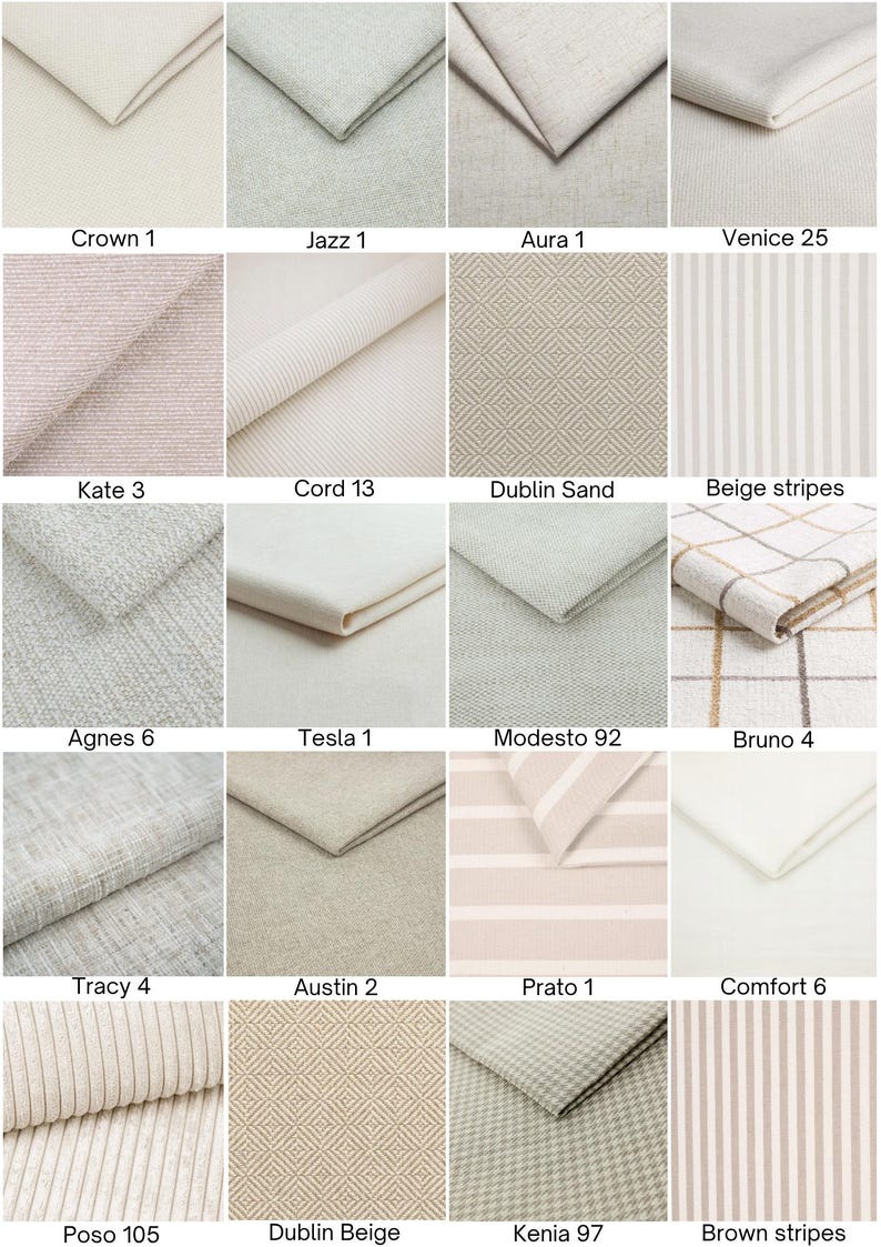May include: A grid of sixteen fabric swatches in neutral tones including beige, cream, and light gray. Patterns include solid, striped, checkered, and geometric diamond weaves. Each swatch is labeled with names like Crown 1, Jazz 1, and Bruno 4.