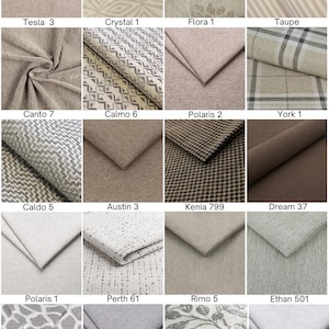 May include: A grid of twenty fabric swatches displaying various textures and patterns in neutral tones. Each swatch is labeled with a name and number, including Tesla 3, Crystal 1, Flora 1, Taupe, Canto 7, Calmo 6, Polaris 2, York 1, Caldo 5, Austin 3, Kenia 799, Dream 37, Polaris 1, Perth 61, Rimo 5, Ethan 501, Kongo 1, Jazz 20, Flora 6, and Crown 16.
