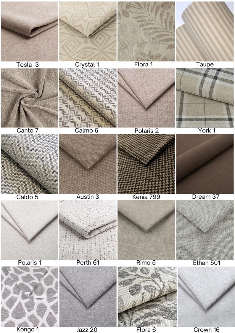 May include: A grid of twenty fabric swatches displaying various textures and patterns in neutral tones. Each swatch is labeled with a name and number, including Tesla 3, Crystal 1, Flora 1, Taupe, Canto 7, Calmo 6, Polaris 2, York 1, Caldo 5, Austin 3, Kenia 799, Dream 37, Polaris 1, Perth 61, Rimo 5, Ethan 501, Kongo 1, Jazz 20, Flora 6, and Crown 16.
