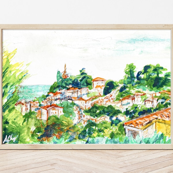 Bonnieux Provence Village France, Aquarelle Peinture Fine Art Print, Bright Colorful Français Town Drawing Print Gift, Europe Travel Home Art