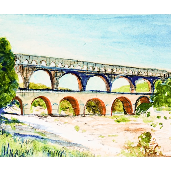 Pont du Gard France Fine Art Print, Ancien Aqueduc Romain, Provence Aquarelle, Bright Drawing Print Gift, Europe Travel Home Art