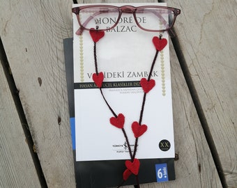 Red Heart Crochet Eyeglass Chain, Handmade Glasses Strap, Double-sided Knitted Eyeglass Lanyard, Anatolian Lace Glasses Chain