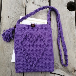 Purple Heart Crochet Phone Bag: Handmade Knitted Crossbody