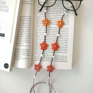 Orange Floral Hand-Knitted Eyeglass Chain, Turkish Handmade Glasses Strap, Special Design Eyeglass String, Turkish Knotting Glasses Lanyard