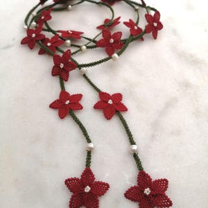 Red Crochet Flower Jewelry Set: Pearl Beaded Turkish Lace