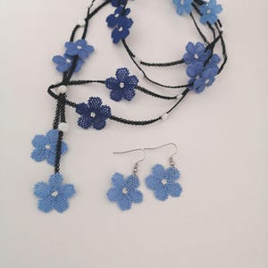 Blue Floral Crochet Jewelry Set: Turkish Knot Necklace & Earrings