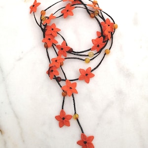 Orange Crochet Floral Jewelry Set: Agate Stone Necklace and Earrings