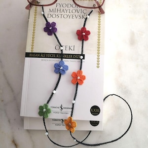 Lanière de lunettes tricotée main fleurs arc-en-ciel, chaîne de lunettes florale turque faite main, lanière de lunettes en dentelle d&#39;Anatolie, chaîne de lunettes design