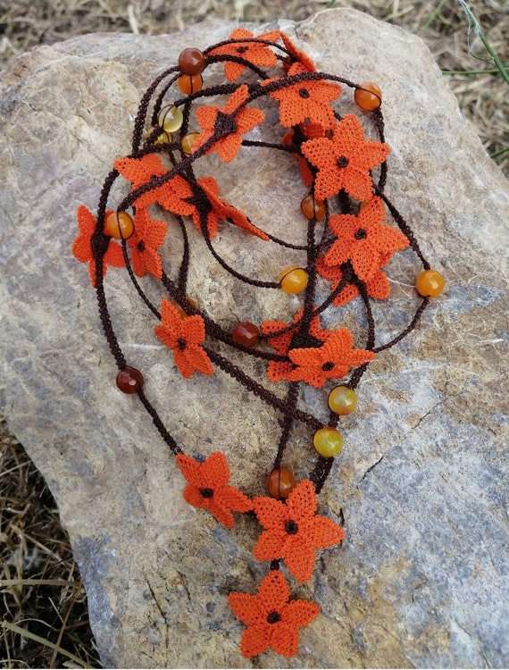 Orange Flower Needle Lace Necklace With Agate Stone: Turkish  display picture 1