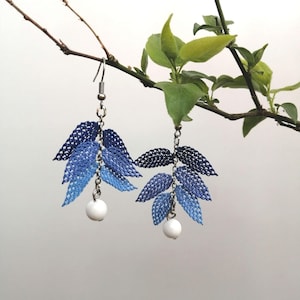 Blue Leaf Crochet Earrings: Turkish Knotting Handmade Jewelry