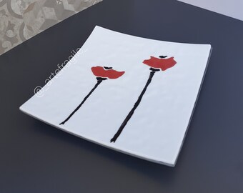 Handmade square Murano glass plate - Made in Italy, Poppies, Handmade floral plate, Flower glass plate, Glass art, Home decor, Gift ideas