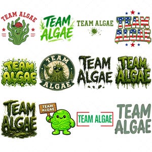 May include: A collection of twelve graphic designs featuring the text Team Algae in various styles, including cartoon characters, dripping green textures, American flag patterns, circular emblems, and simple block lettering on a white background.