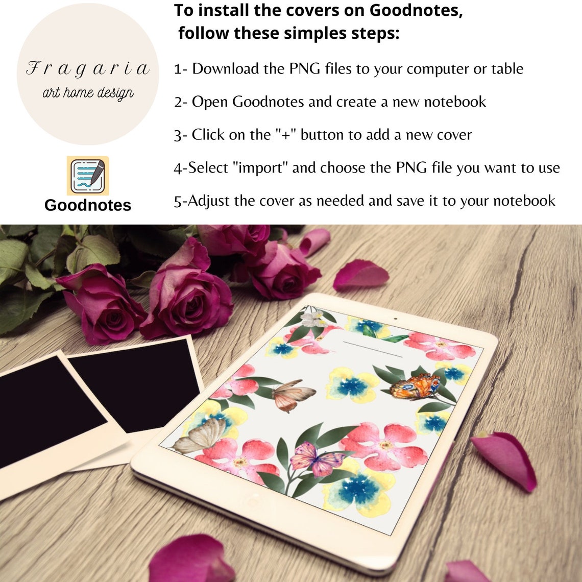 14 Digital Goodnotes Covers With Flowers, Butterflies, Birds, and