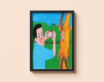 Scène de selfie brûlant de Joan Cornella • Poster cadeau humour noir • Impression illustration satirique surréaliste • Décoration murale absurde provocante