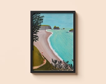 Affiche paysage plage Jean Jullien - Illustration côtière vibrante avec mer turquoise et personnages marchant - Impression d'art murale panoramique moderne