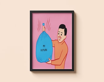 Joan Cornella My Future • Poster cadeau humour sombre et absurde • Impression d'illustration satirique surréaliste • Décoration murale moderne • Cadeau unique pour amateur d'art