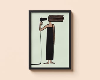 Poster Sèche-cheveux Jean Jullien - Illustration humoristique de salle de bain avec une silhouette de cheveux au soufflage - Décoration murale moderne minimaliste avec impression d'art
