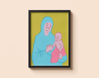 Affiche bébé Madonna de Joan Cornella • Impression satire religieuse absurde sombre • Art mural illustration humour surréaliste • Cadeau graphique audacieux