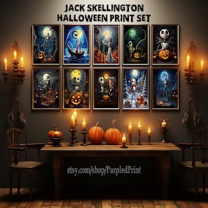 May include: A set of eight framed prints featuring Jack Skellington from the movie The Nightmare Before Christmas. The prints are arranged in a grid on a dark wall with candles and pumpkins in the foreground. The text "JACK SKELLINGTON HALLOWEEN PRINT SET" is at the top of the image.