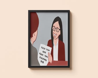 Scène de démission du bureau de Joan Cornella • Poster cadeau humour noir • Impression illustration satirique surréaliste • Décoration murale audacieuse et provocante