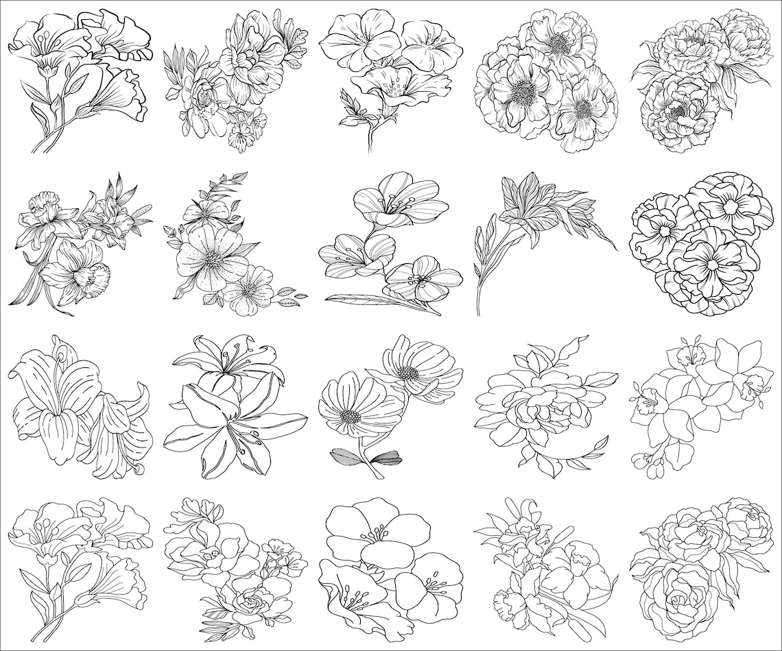 Flower Line Art Bundle SVG Bundle SVG Files for Cricut Cut - Etsy