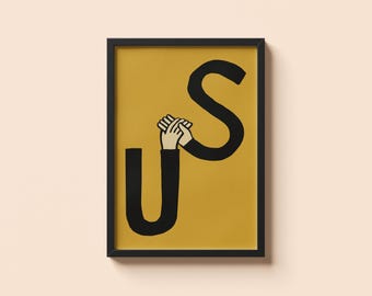 Poster Jean Jullien Us - Lettres artistiques créatives avec illustration main dans la main - Impression murale graphique moderne et minimaliste pour la décoration intérieure