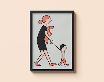 Poster Jean Jullien maman et enfant - Illustration humoristique de transport de chien et enfant qui promène - Cadeau d'impression d'art minimaliste moderne pour la décoration intérieure