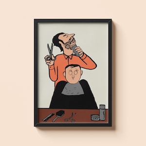 Pode incluir: Impressão artística emoldurada que retrata um barbeiro cortando o cabelo. A ilustração mostra um barbeiro de camisa laranja aparando a barba de um cliente com tesoura e um aparador. Ferramentas de barbeiro estão sobre a mesa, incluindo um pente, tesoura e cera.